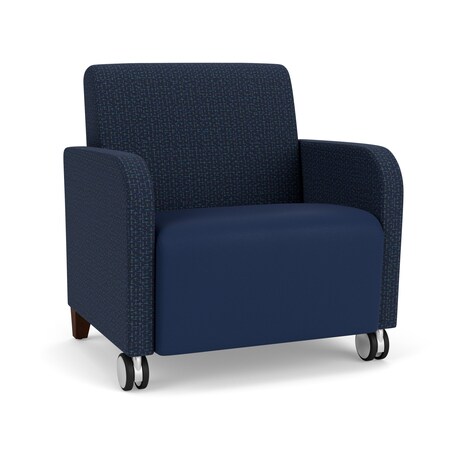 Lesro Siena Wide Guest Chair w/ Front Casters, Walnut Legs, RF Bluebry Back, MD Ink Seat, RF Blueberry Panels SN1201